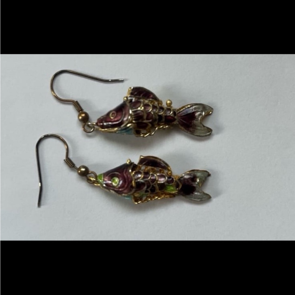 Cloisonne Enamel Colorful Koi Dangle Fish Earrings Vintage